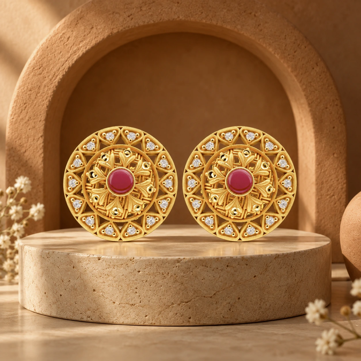 Traditional Gold Round Ruby Stud Earrings