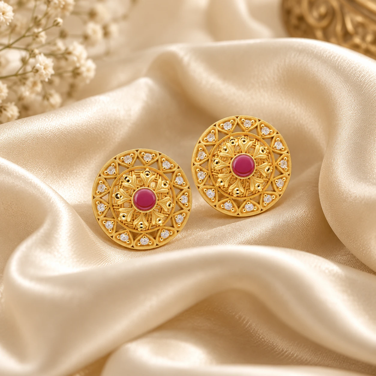 Traditional Gold Round Ruby Stud Earrings