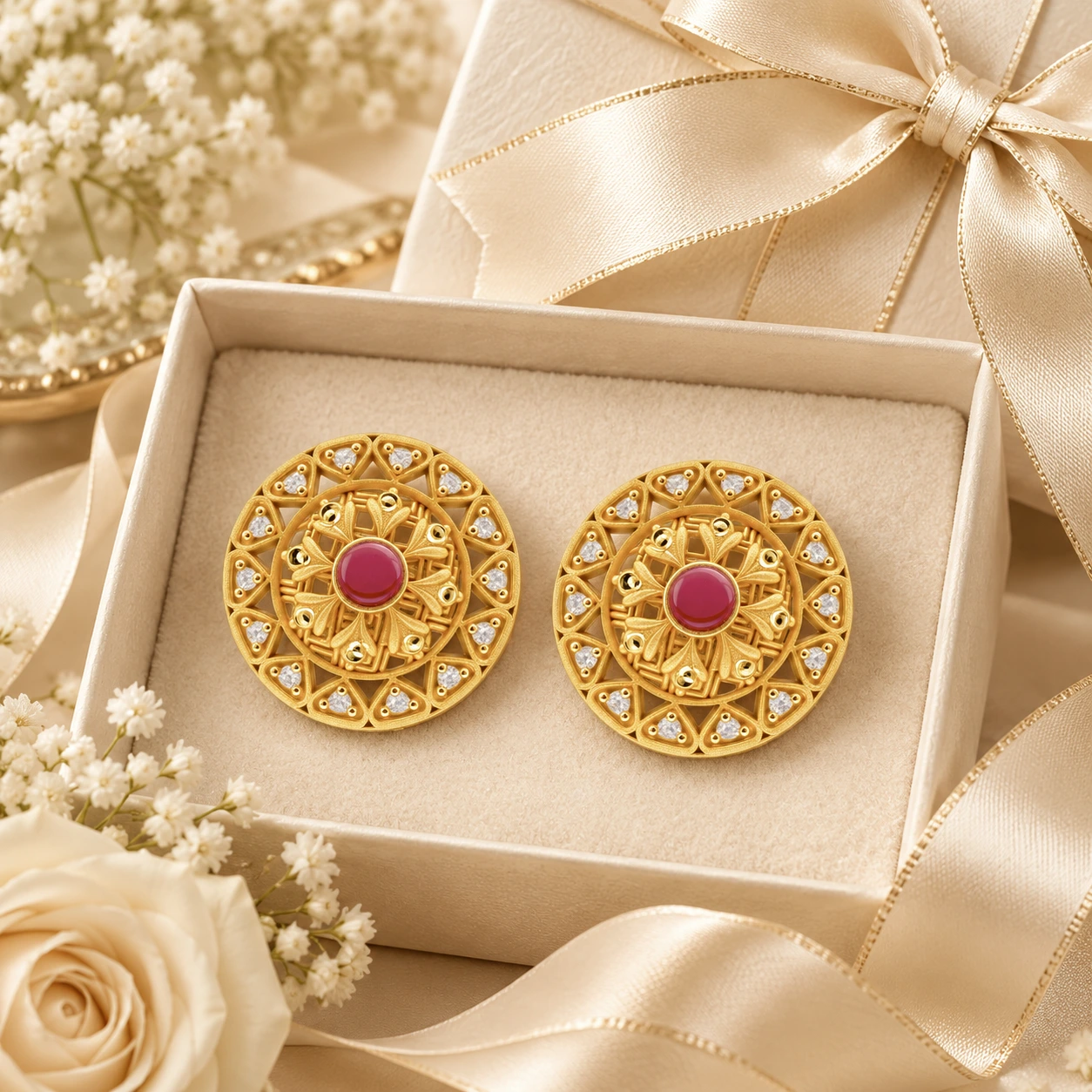 Traditional Gold Round Ruby Stud Earrings