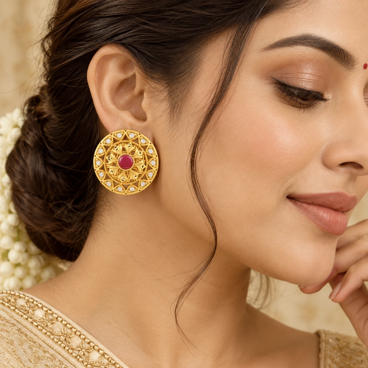Traditional Gold Round Ruby Stud Earrings