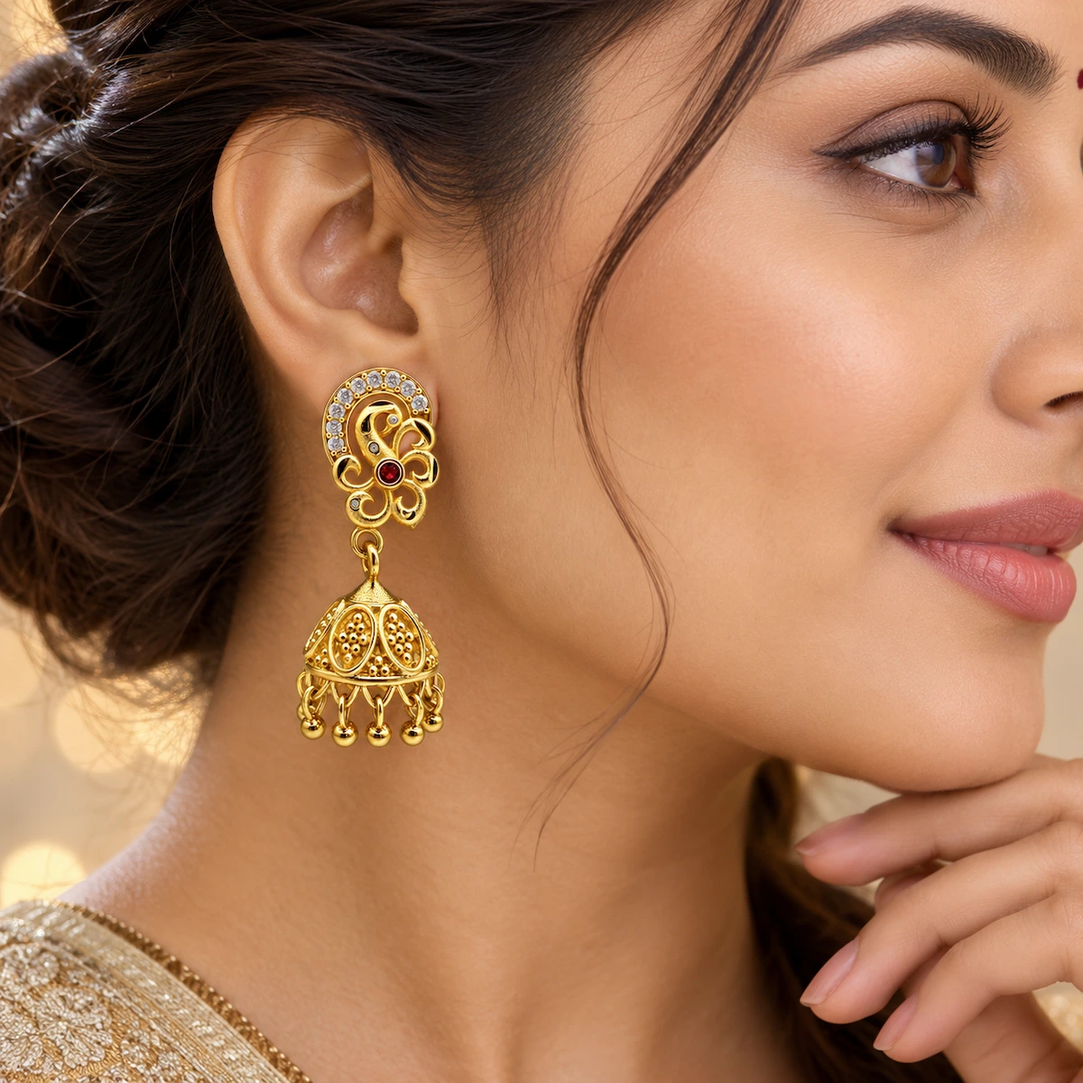 Gold Paisley Ruby Jhumka Earrings