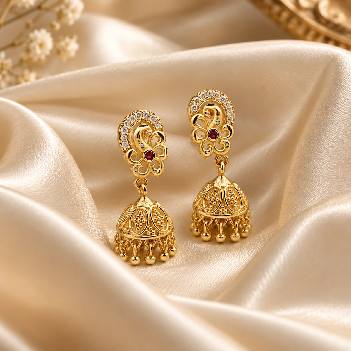 Gold Paisley Ruby Jhumka Earrings