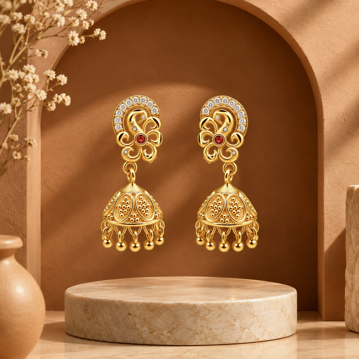 Gold Paisley Ruby Jhumka Earrings