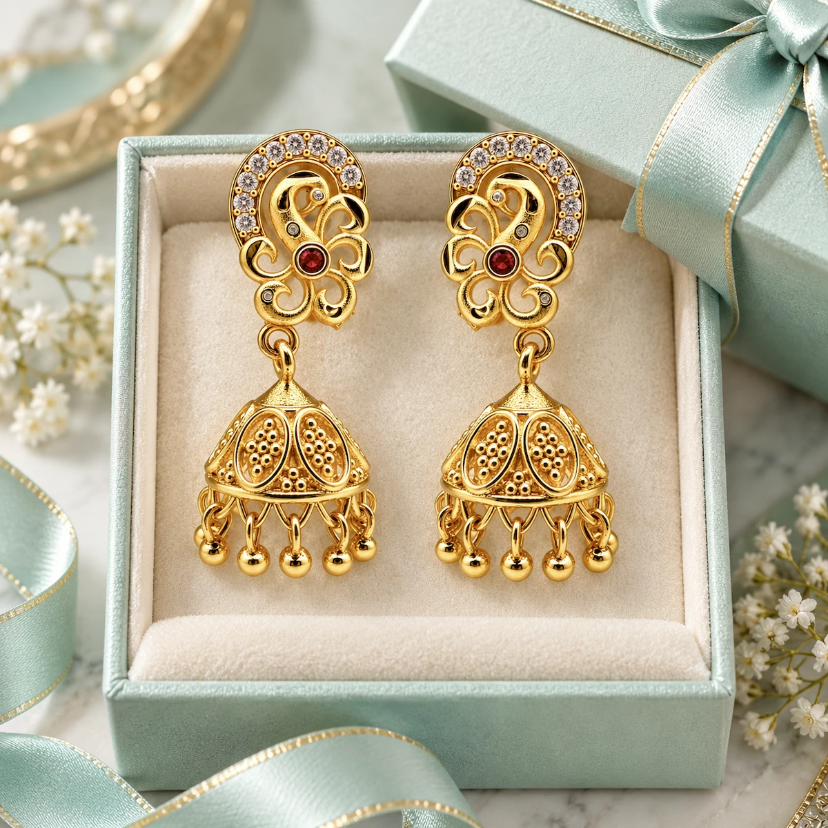 Gold Paisley Ruby Jhumka Earrings