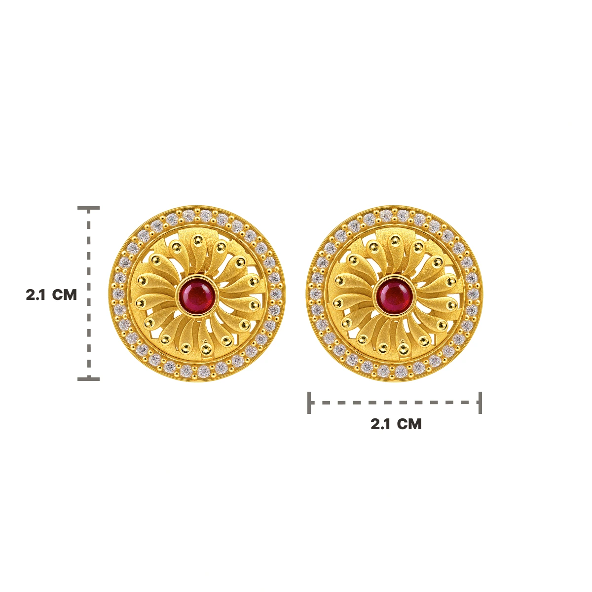 Gold Round Ruby Floral Stud Earrings