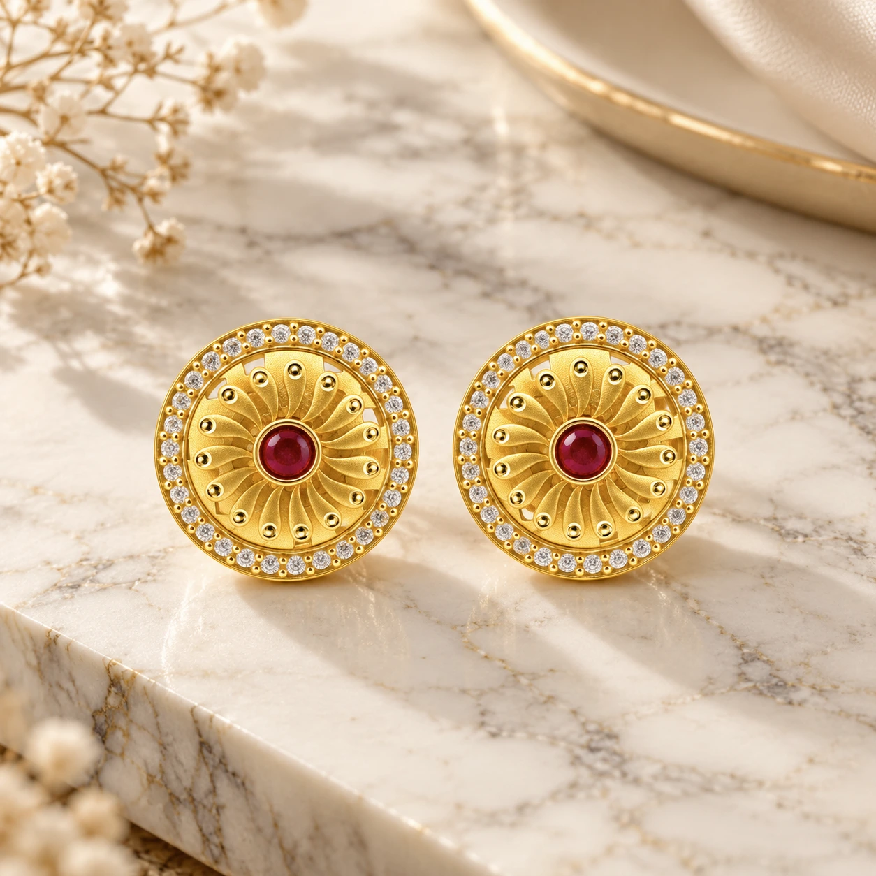 Gold Round Ruby Floral Stud Earrings
