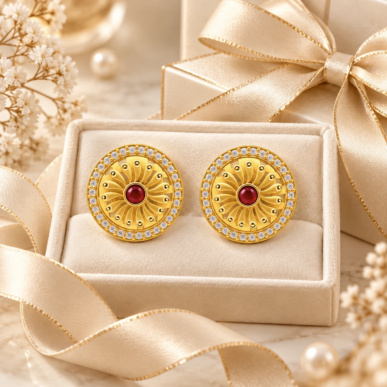 Gold Round Ruby Floral Stud Earrings