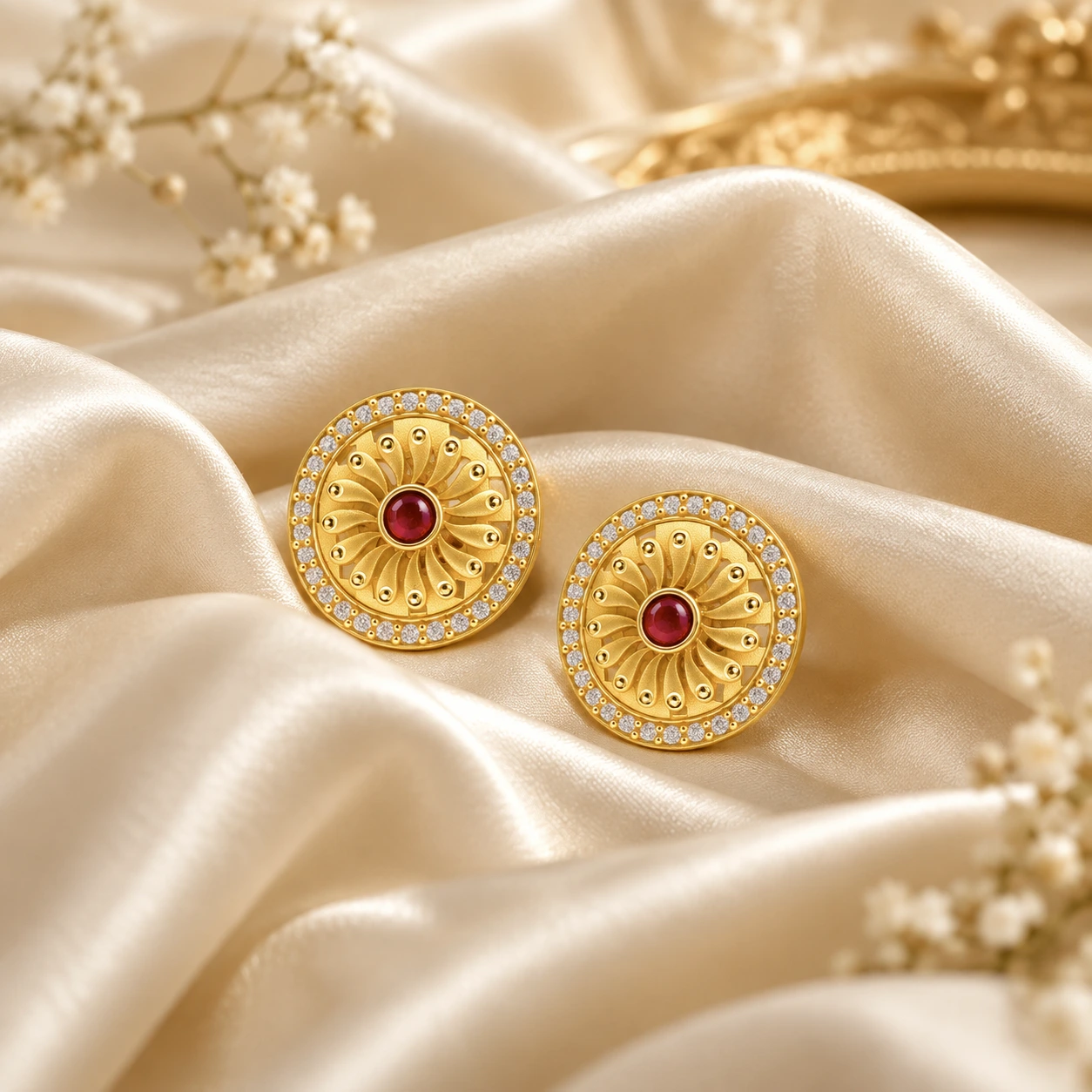 Gold Round Ruby Floral Stud Earrings