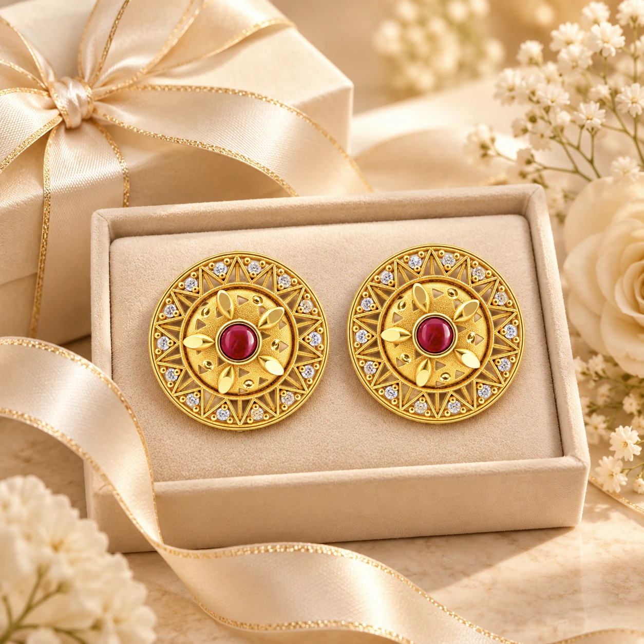 Gold Ruby Sunburst Floral Stud Earrings