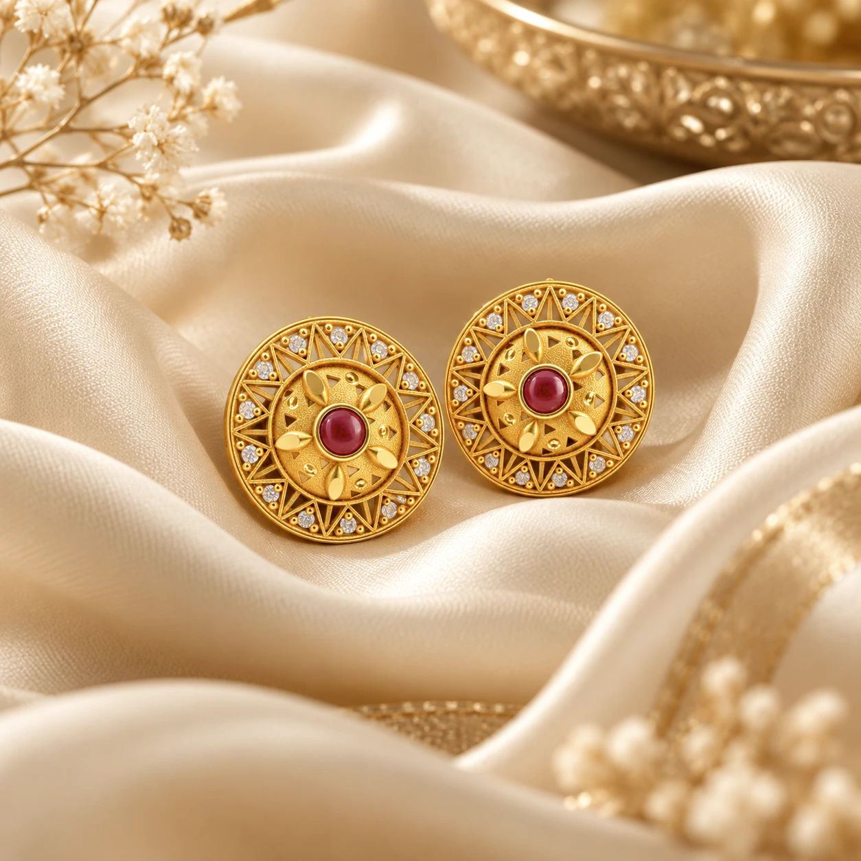 Gold Ruby Sunburst Floral Stud Earrings