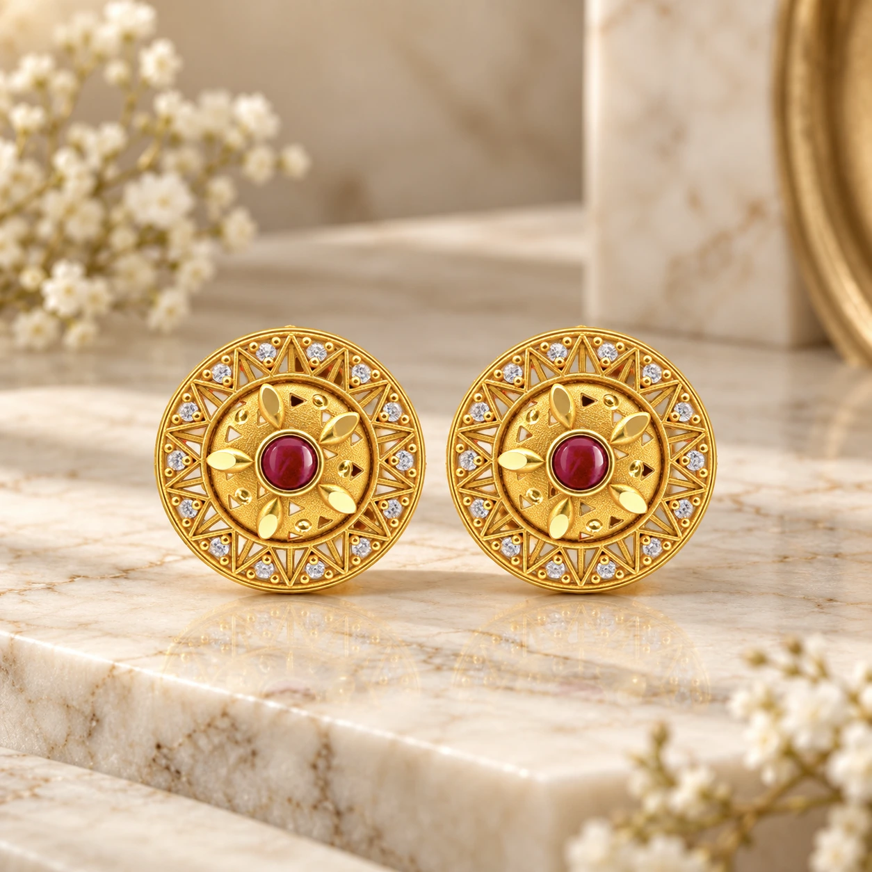 Gold Ruby Sunburst Floral Stud Earrings