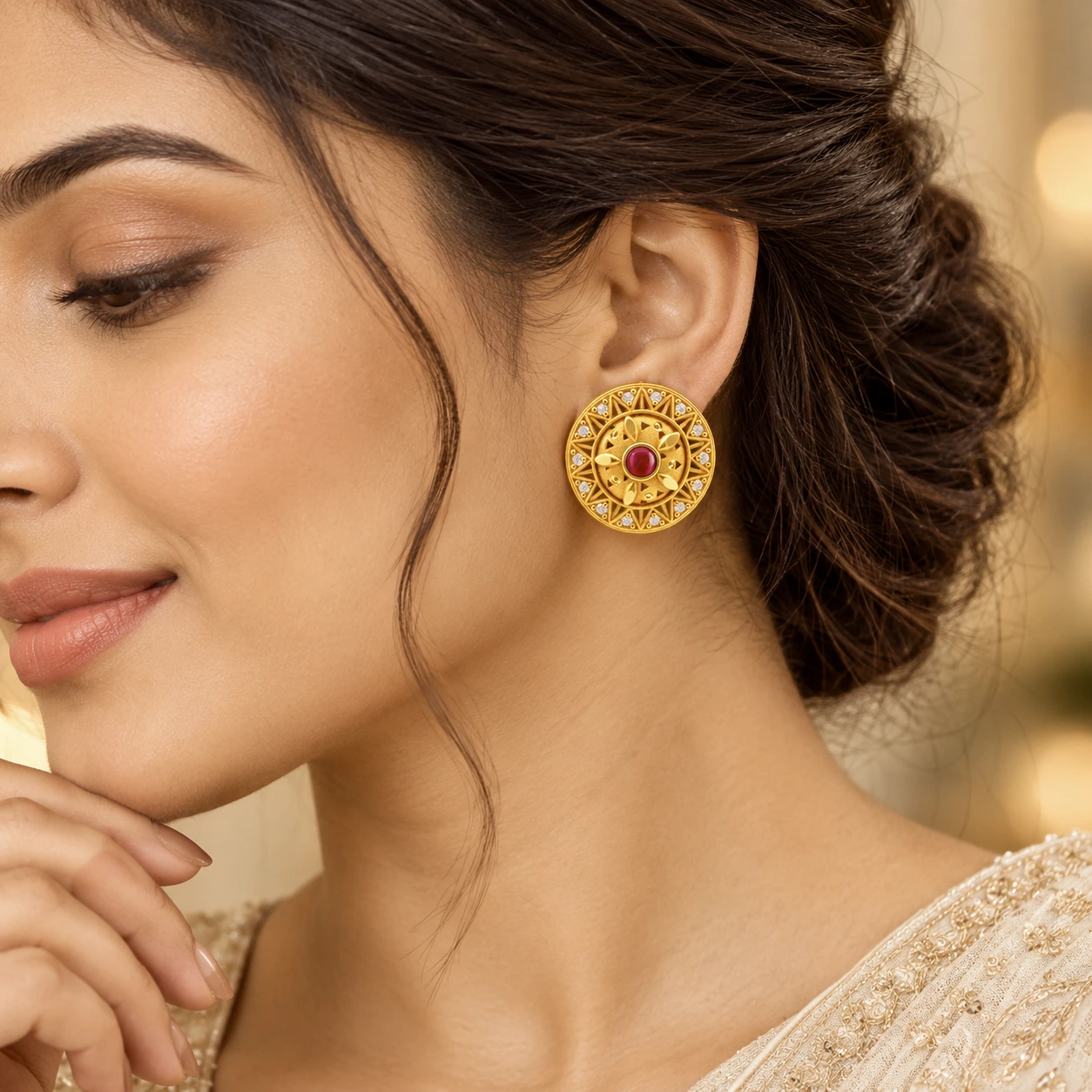Gold Ruby Sunburst Floral Stud Earrings