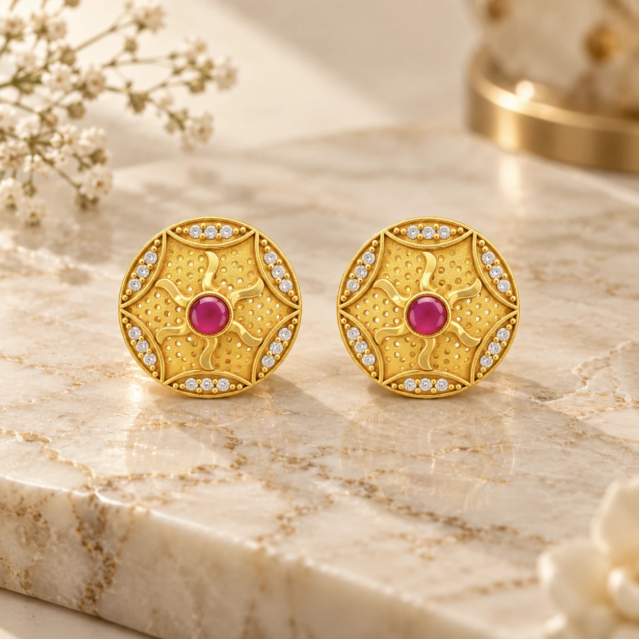 Gold Ruby Floral Round Stud Earrings