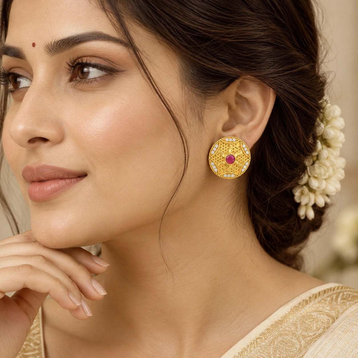 Gold Ruby Floral Round Stud Earrings