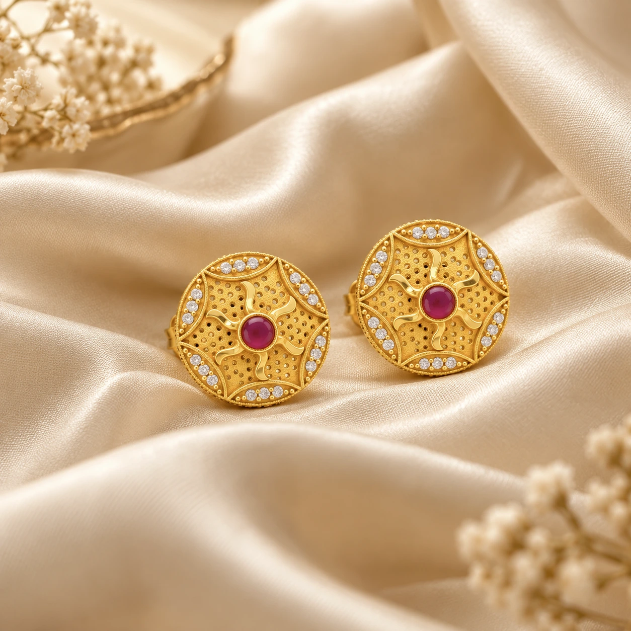 Gold Ruby Floral Round Stud Earrings