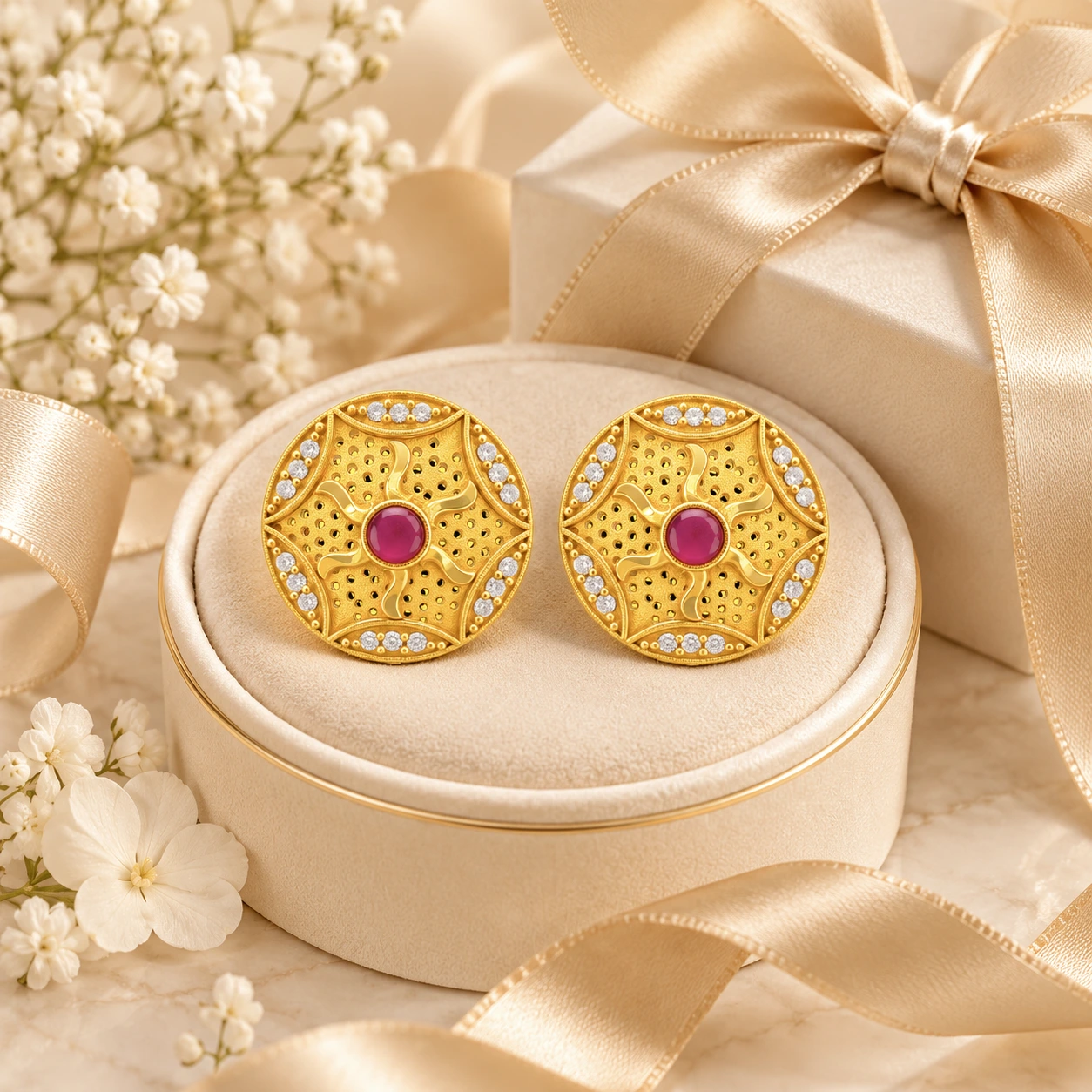 Gold Ruby Floral Round Stud Earrings