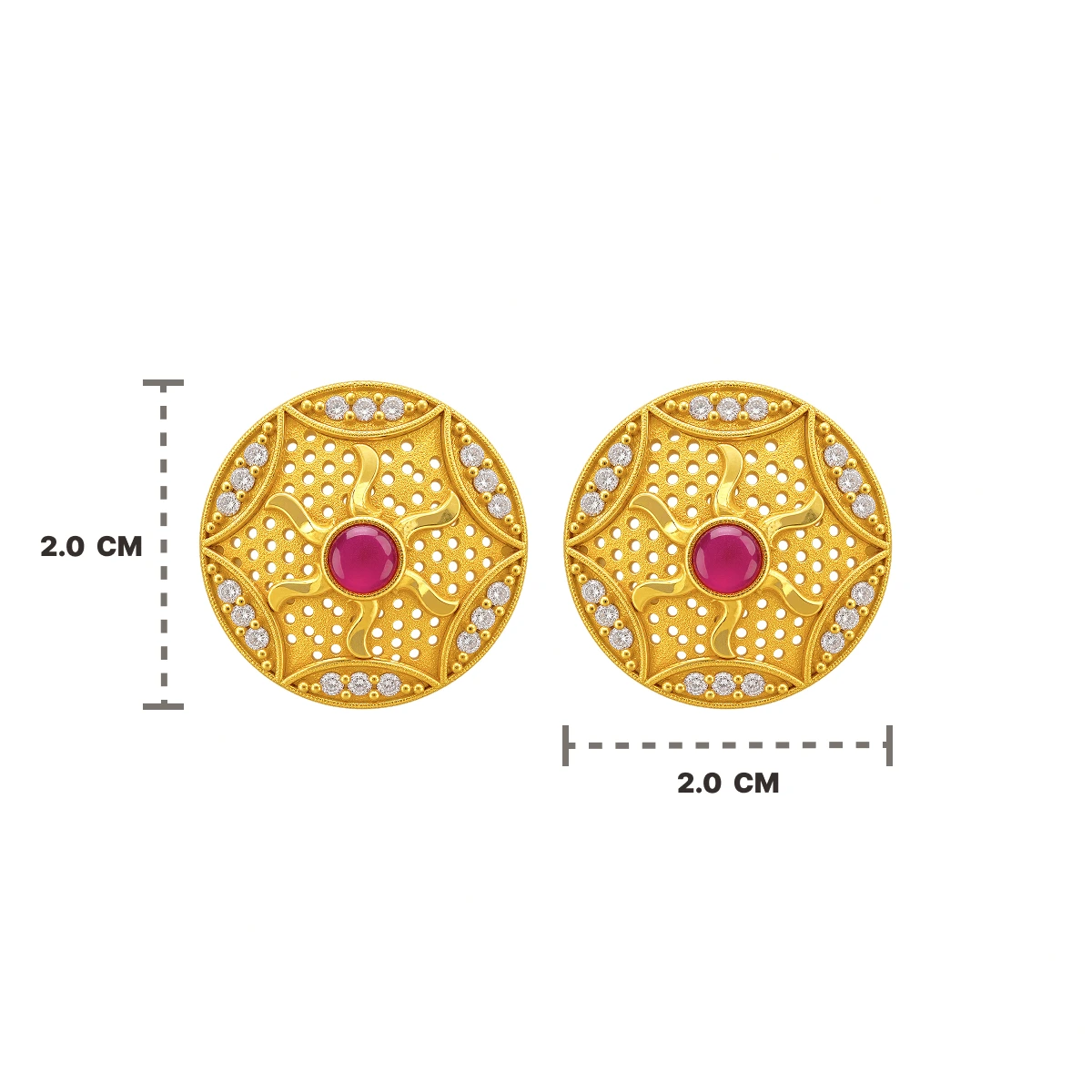 Gold Ruby Floral Round Stud Earrings