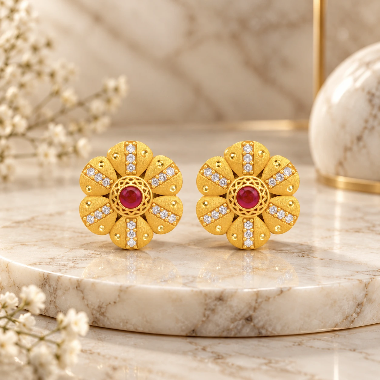 Gold Ruby Floral Stud Earrings