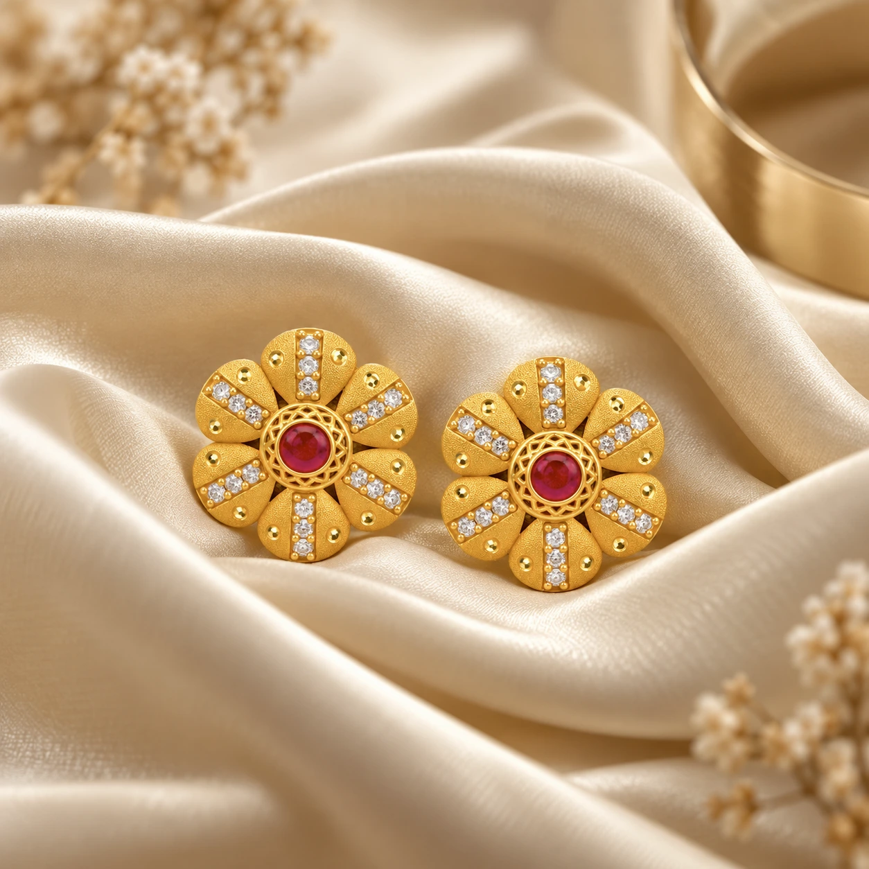 Gold Ruby Floral Stud Earrings