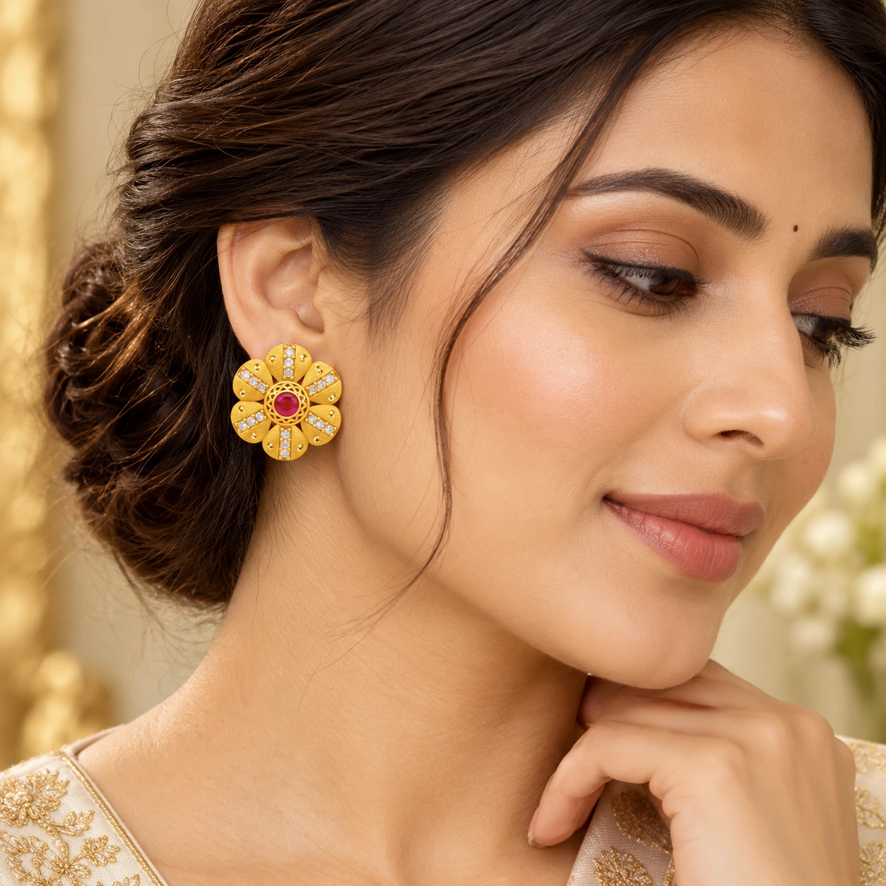 Gold Ruby Floral Stud Earrings