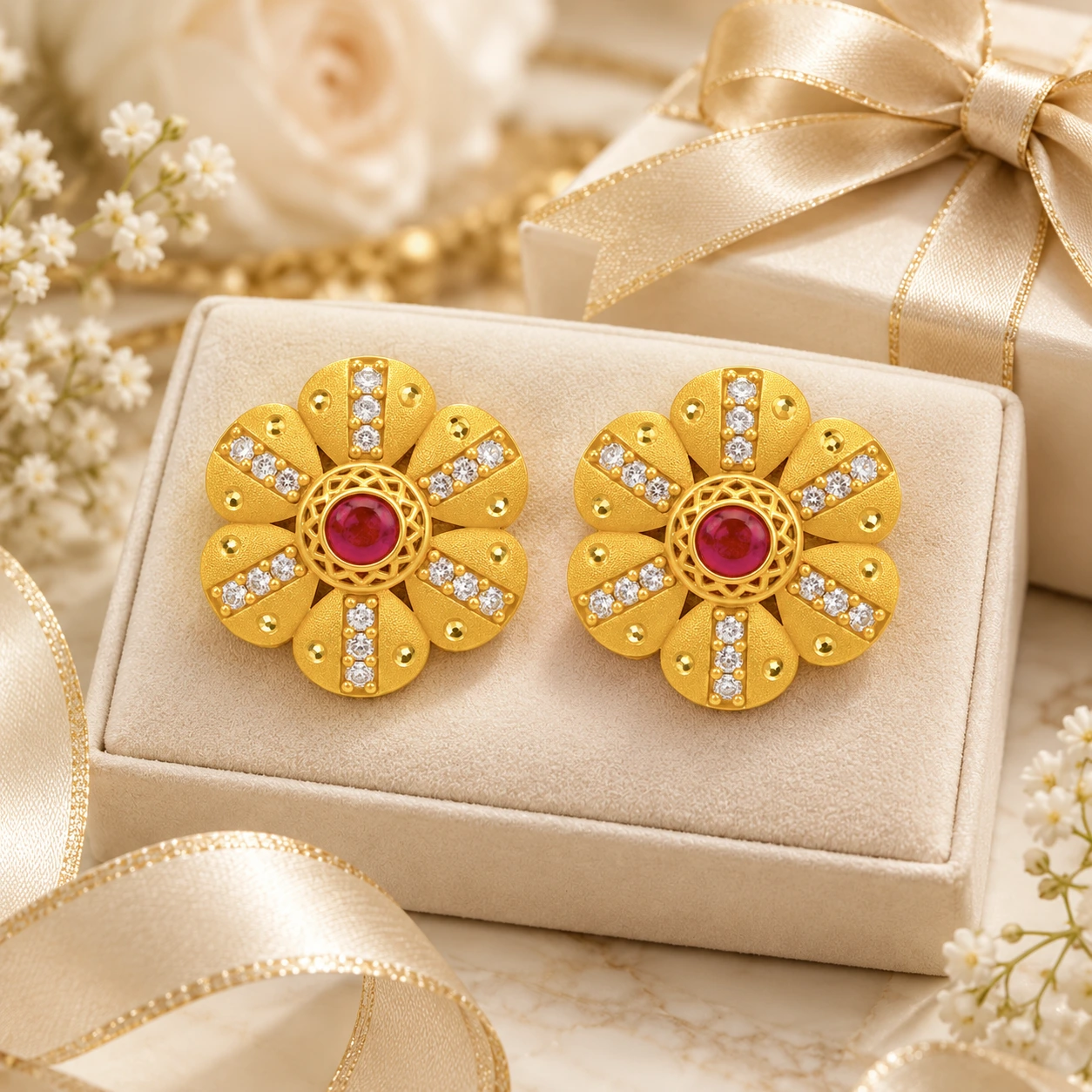 Gold Ruby Floral Stud Earrings