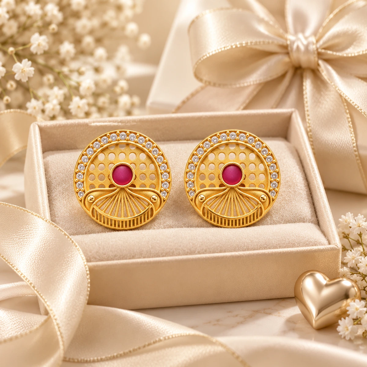 Gold Ruby Round Fan-Pattern Stud Earrings