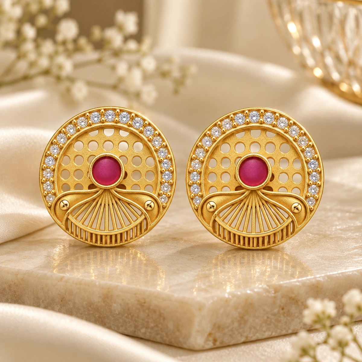 Gold Ruby Round Fan-Pattern Stud Earrings