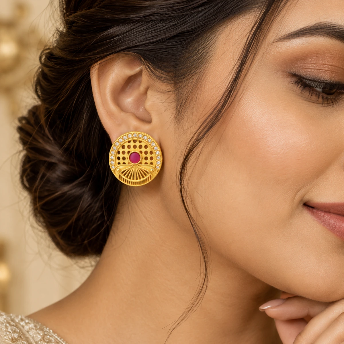 Gold Ruby Round Fan-Pattern Stud Earrings