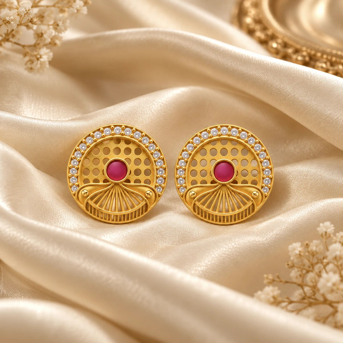 Gold Ruby Round Fan-Pattern Stud Earrings