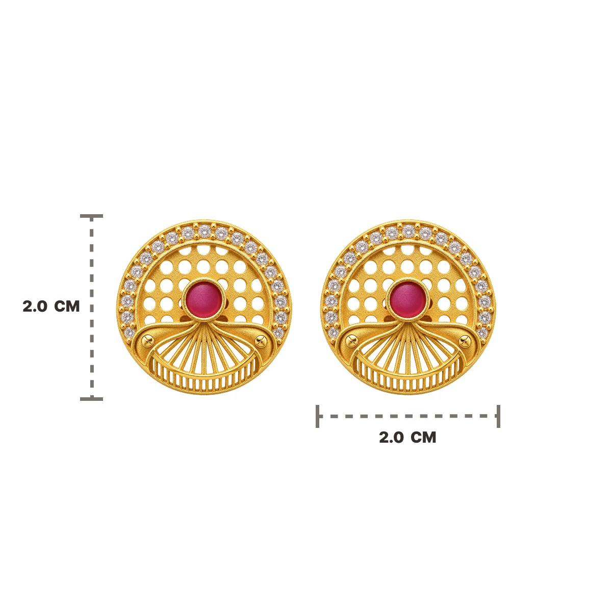 Gold Ruby Round Fan-Pattern Stud Earrings