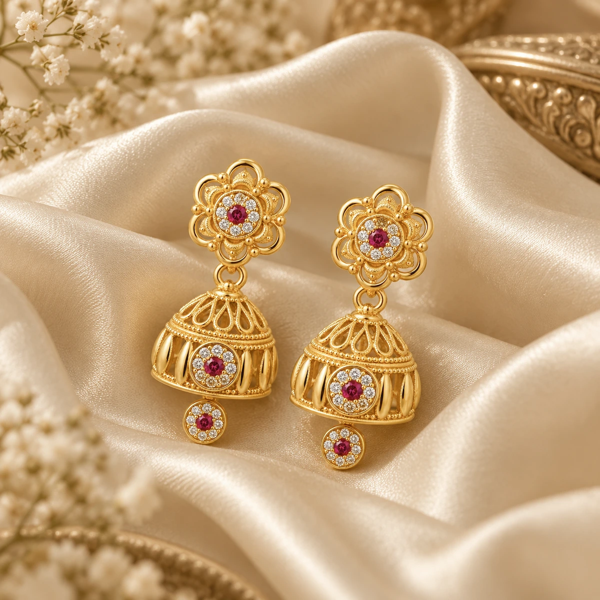 Gold Ruby Floral Jhumka Earrings with Drop