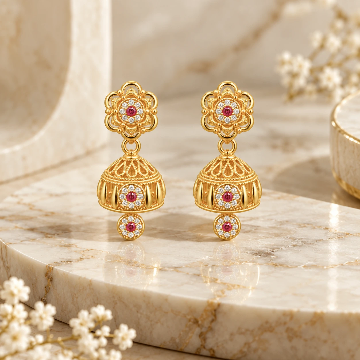 Gold Ruby Floral Jhumka Earrings with Drop