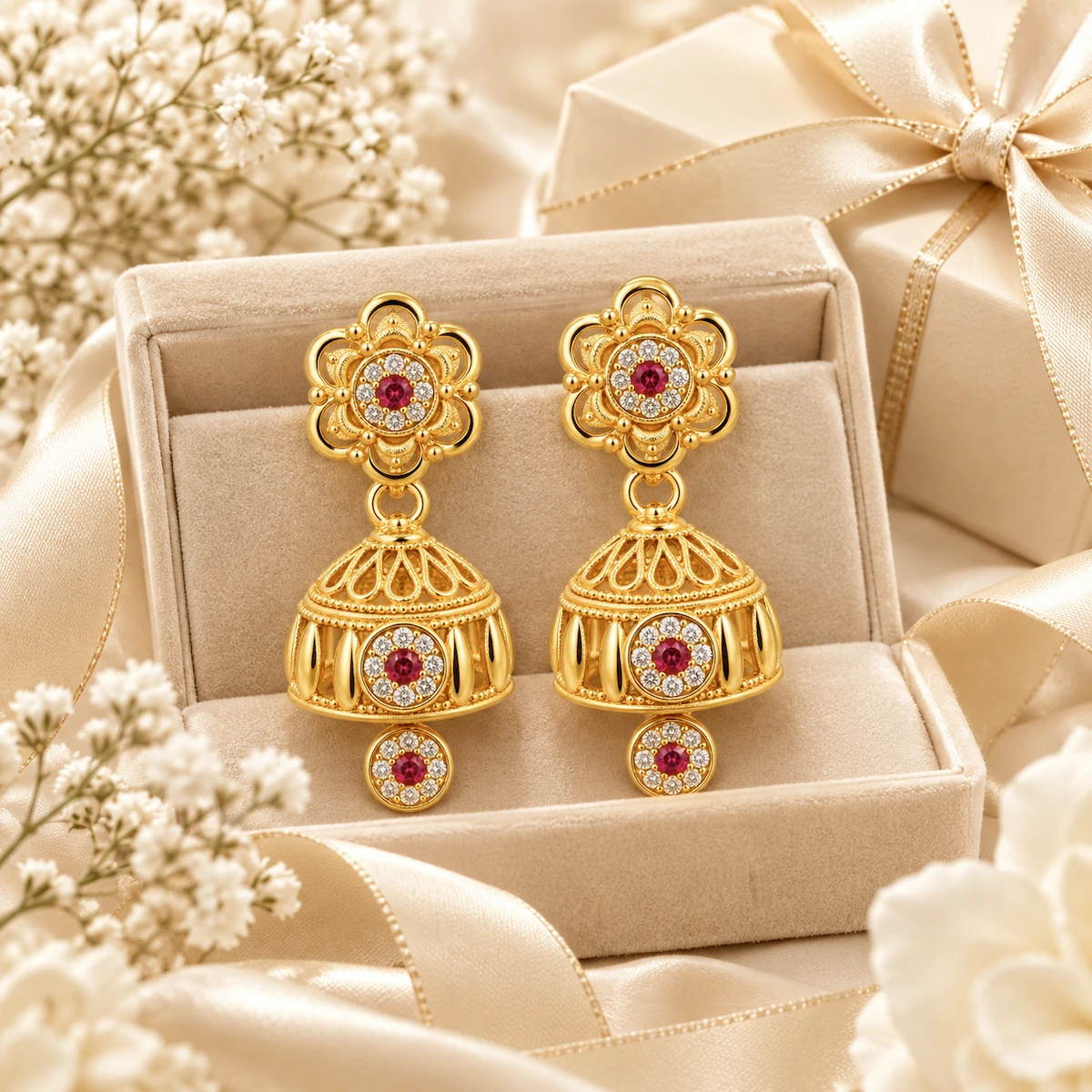 Gold Ruby Floral Jhumka Earrings with Drop