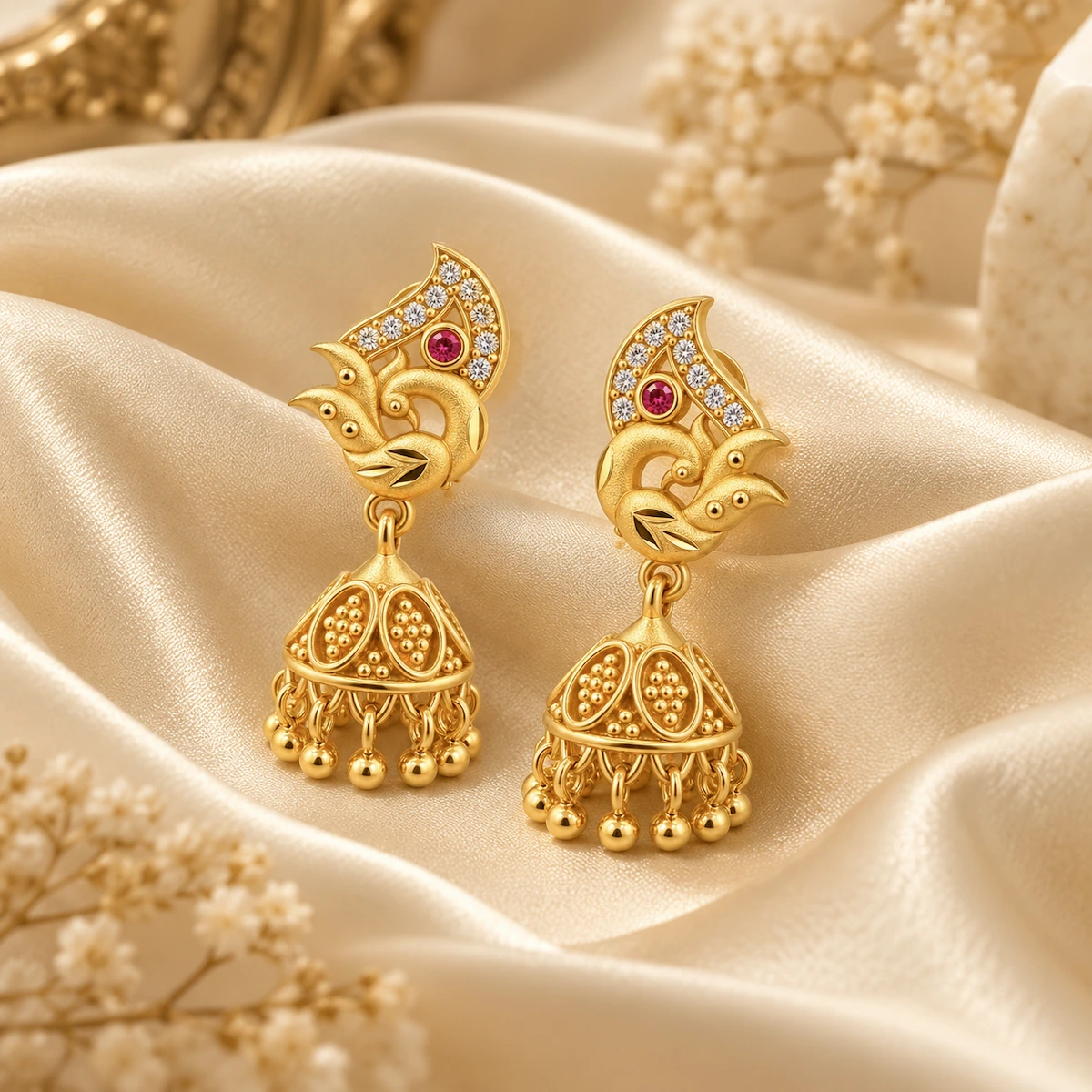 Gold Peacock Jhumka Earrings with Ruby & White Stone Accents