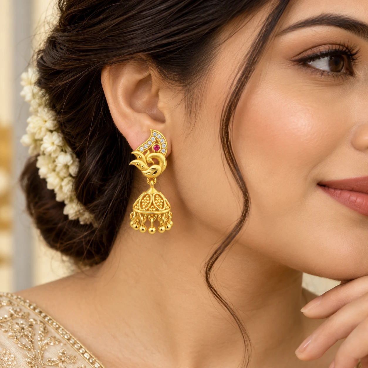 Gold Peacock Jhumka Earrings with Ruby & White Stone Accents