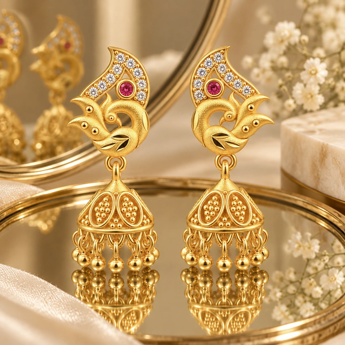 Gold Peacock Jhumka Earrings with Ruby & White Stone Accents