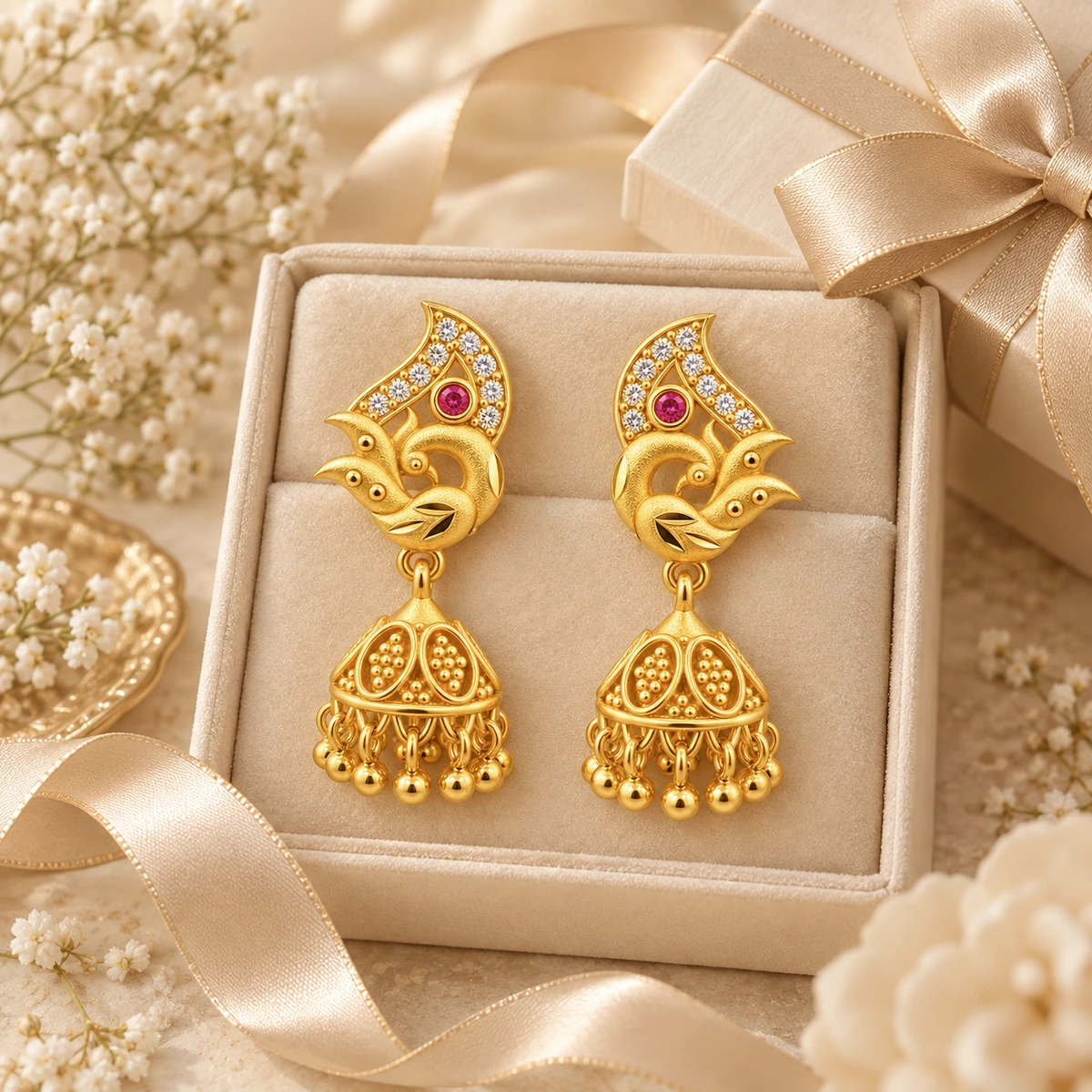 Gold Peacock Jhumka Earrings with Ruby & White Stone Accents