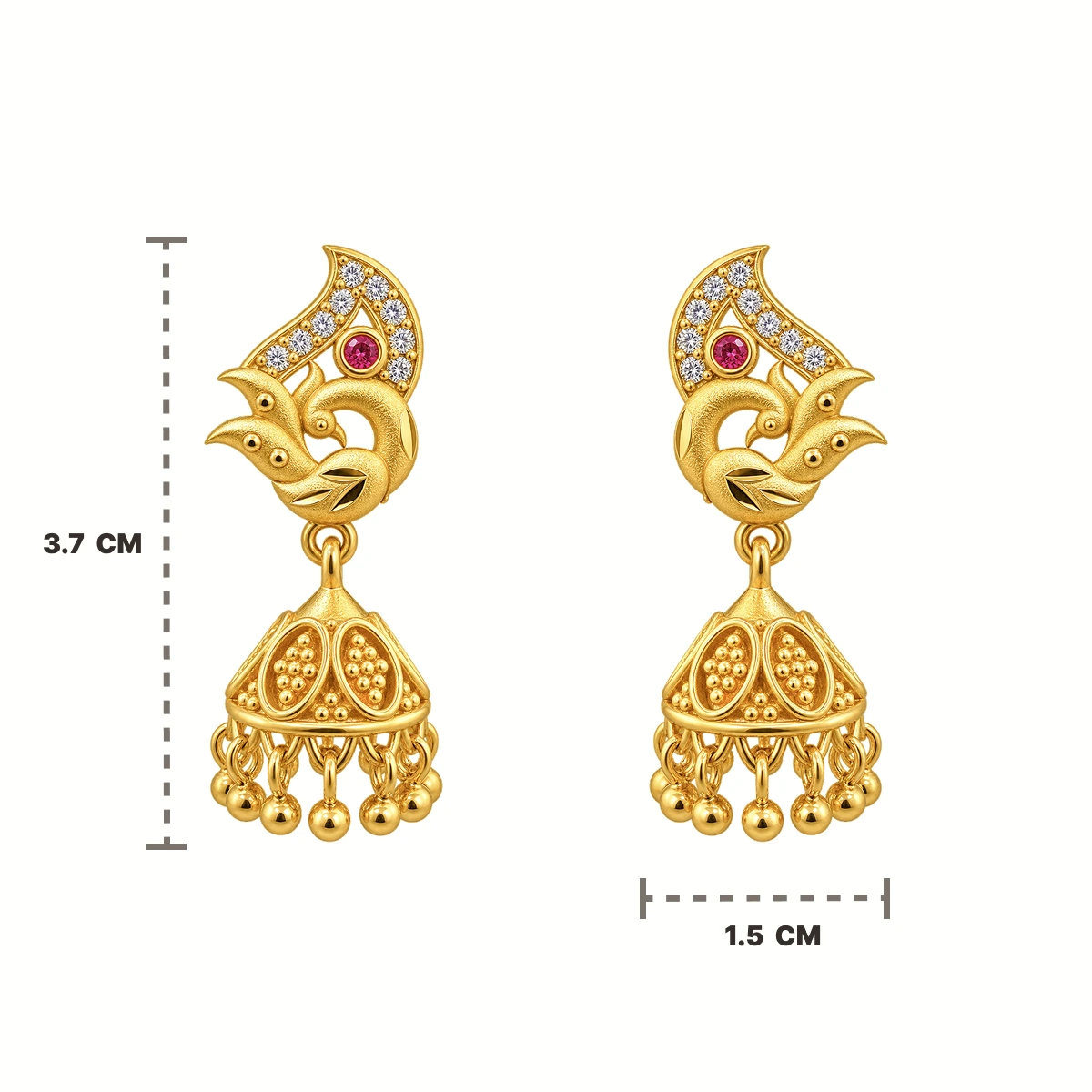 Gold Peacock Jhumka Earrings with Ruby & White Stone Accents