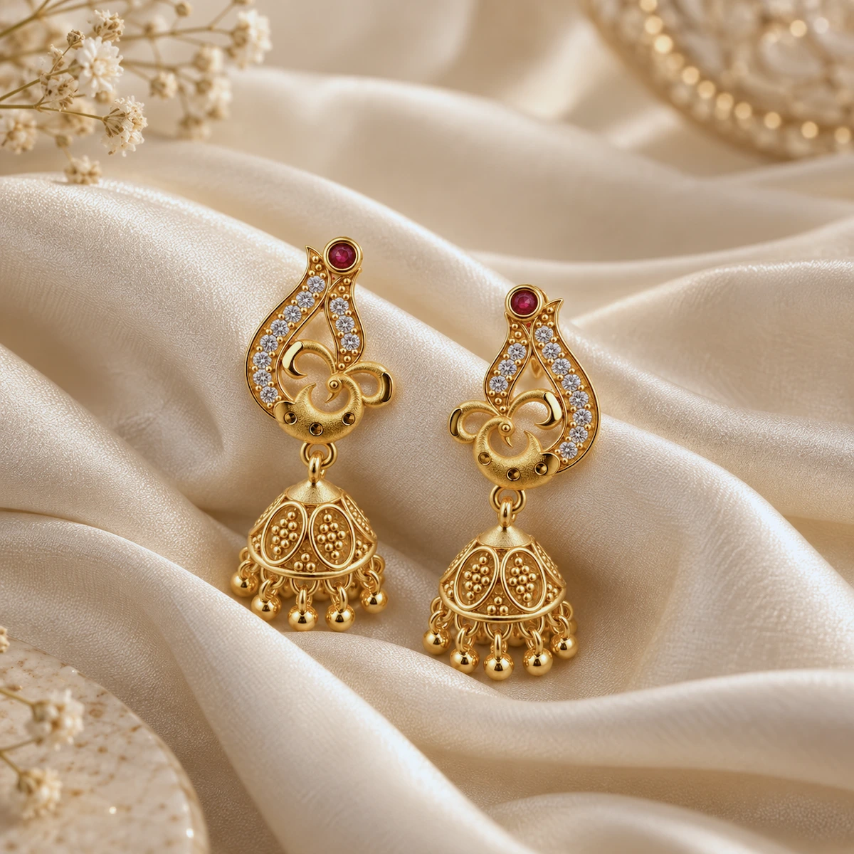 Gold Peacock Jhumka Earrings with Ruby & CZ Stone Detailing