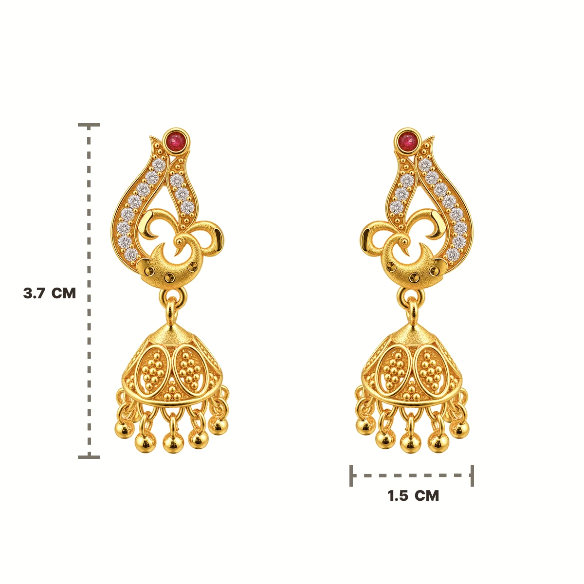 Gold Peacock Jhumka Earrings with Ruby & CZ Stone Detailing