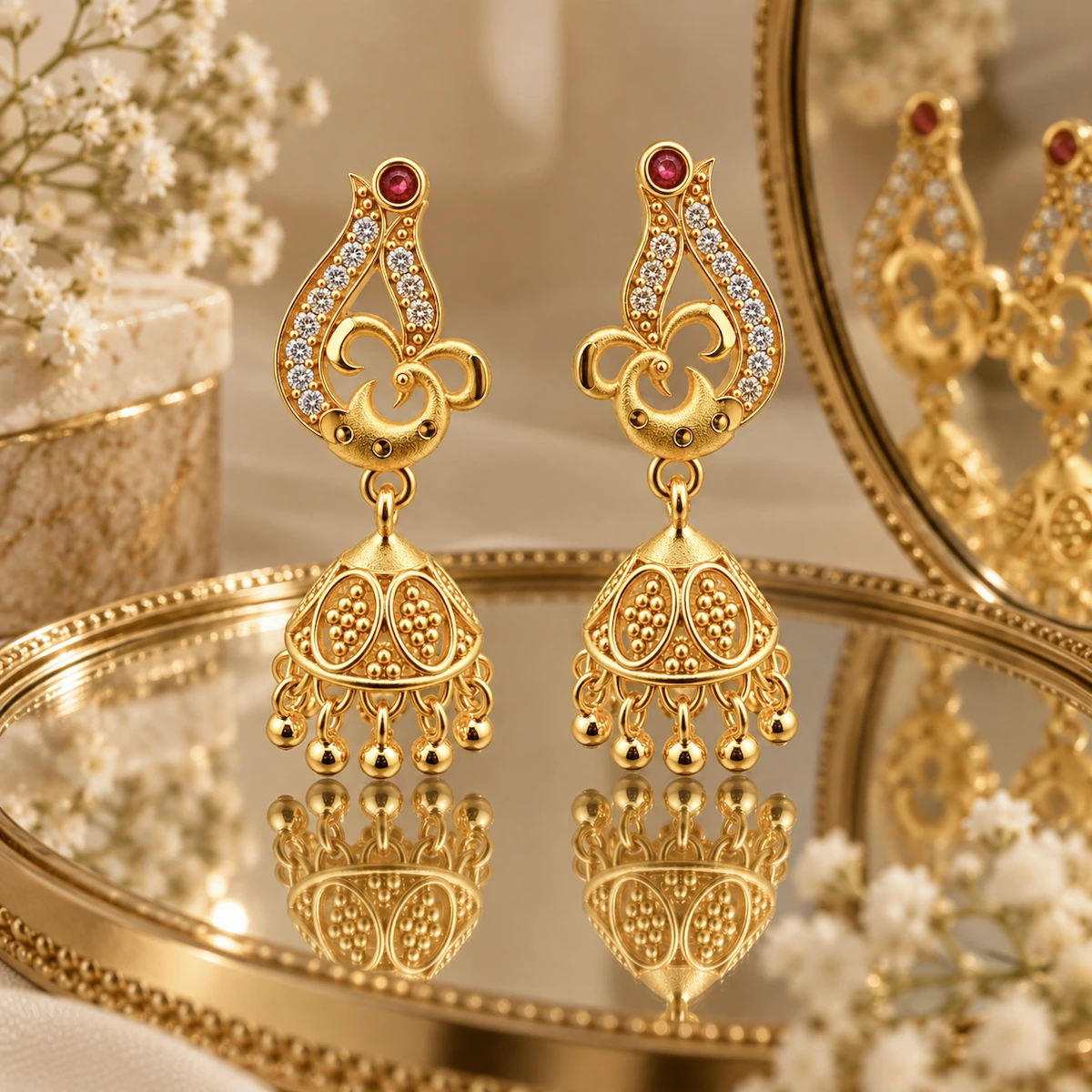 Gold Peacock Jhumka Earrings with Ruby & CZ Stone Detailing