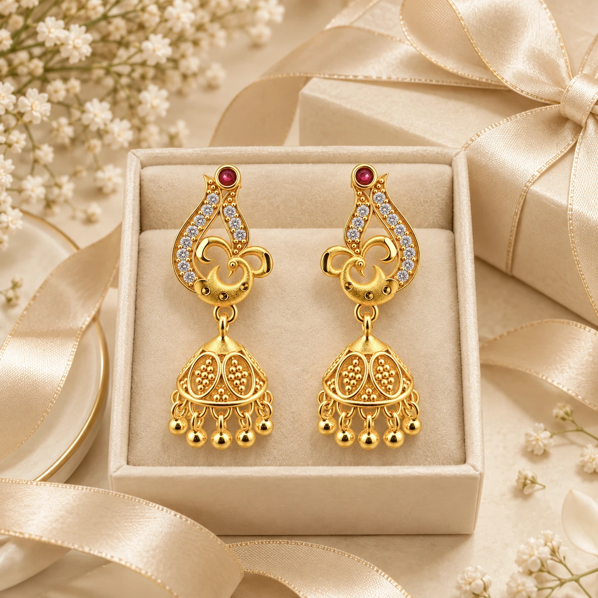 Gold Peacock Jhumka Earrings with Ruby & CZ Stone Detailing