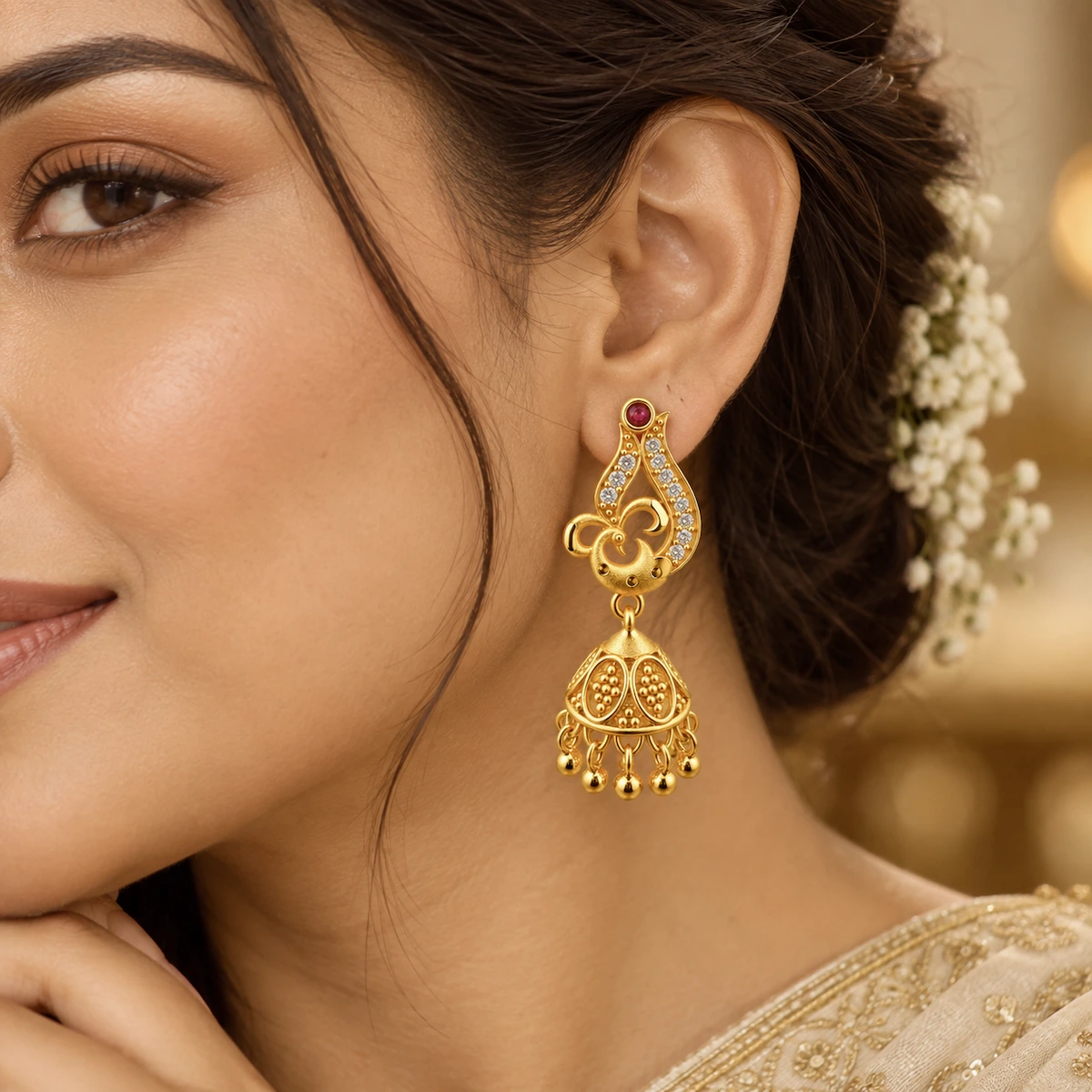 Gold Peacock Jhumka Earrings with Ruby & CZ Stone Detailing