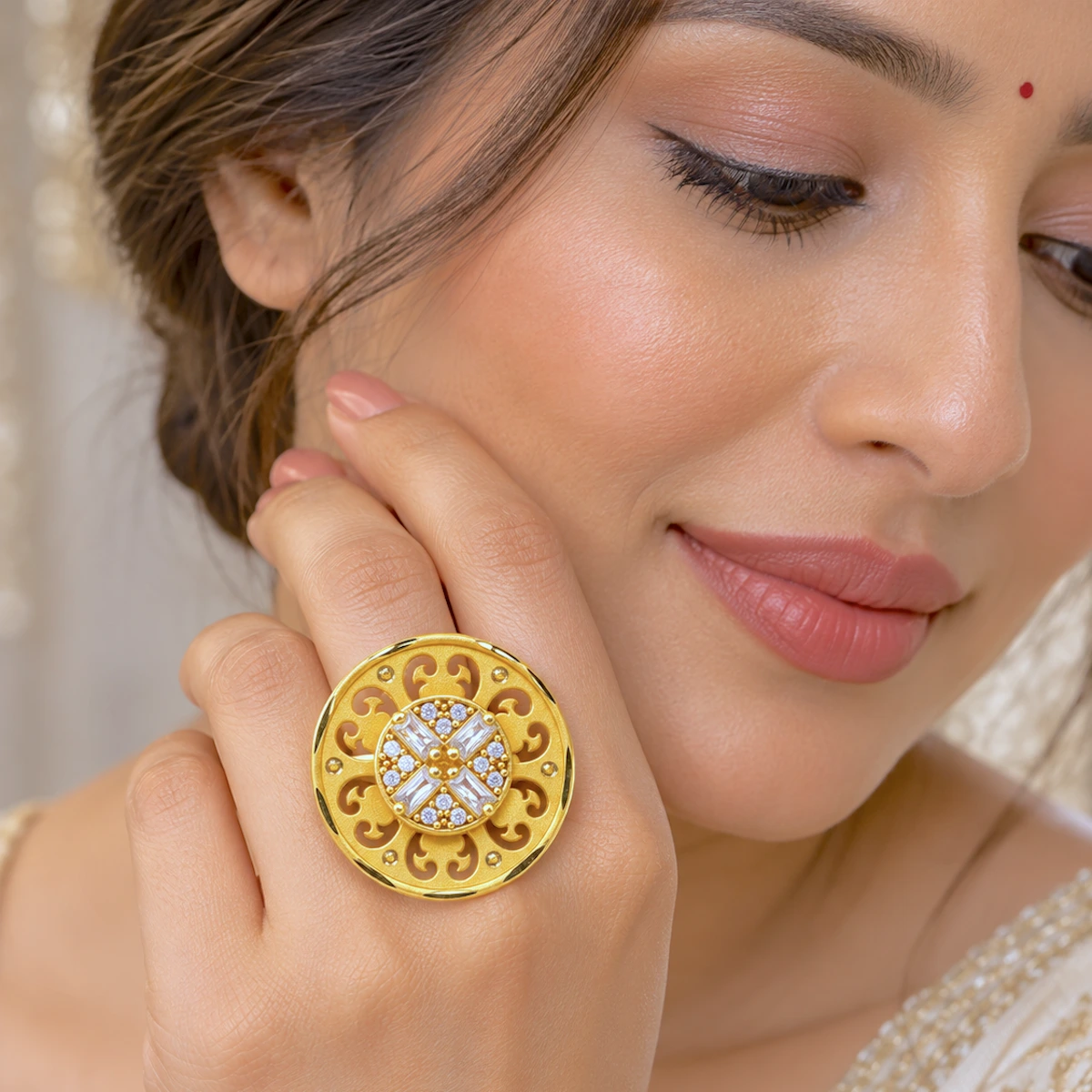 Gold Tone Round Embellished Statement Ring for Women
