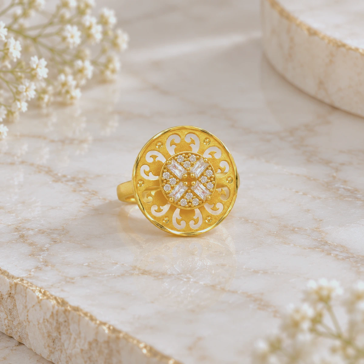 Gold Tone Round Embellished Statement Ring for Women