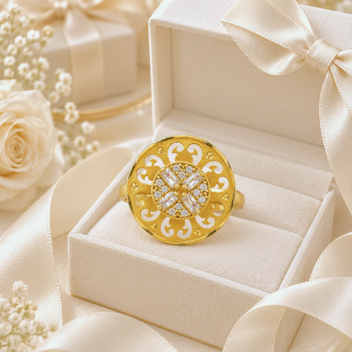 Gold Tone Round Embellished Statement Ring for Women