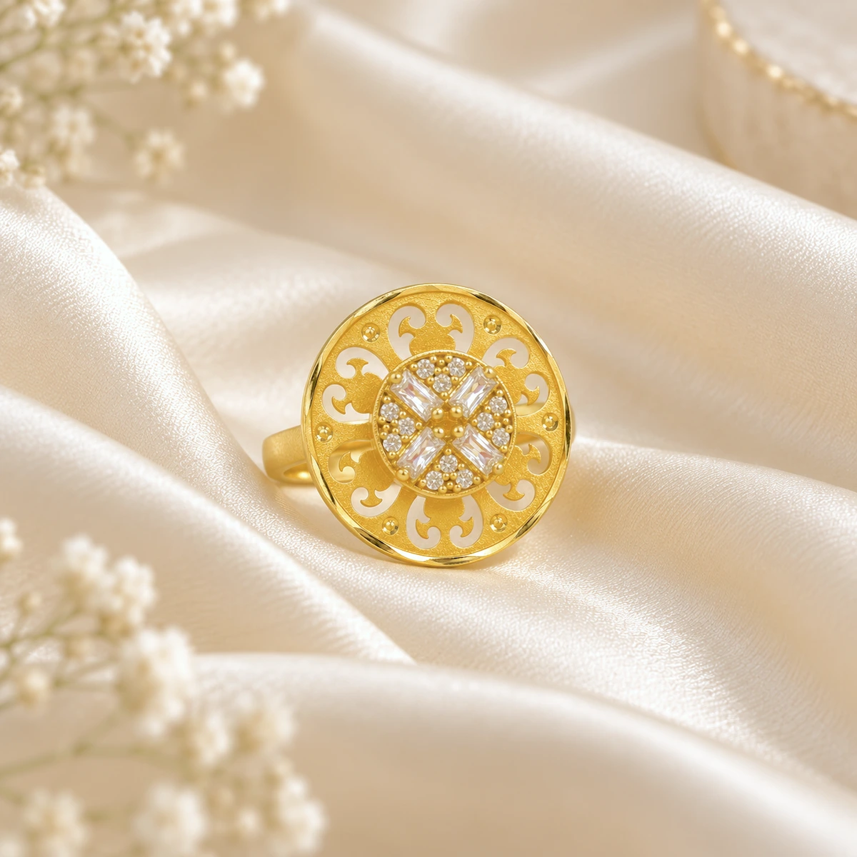 Gold Tone Round Embellished Statement Ring for Women