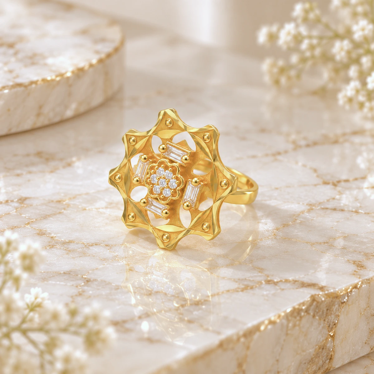 Gold Tone Floral Starburst Statement Ring for Women