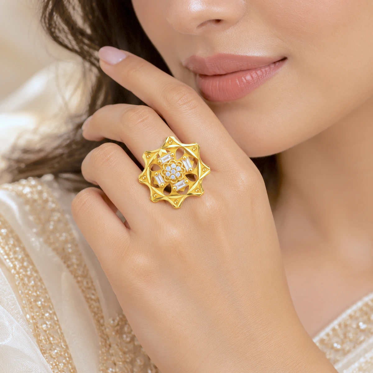 Gold Tone Floral Starburst Statement Ring for Women