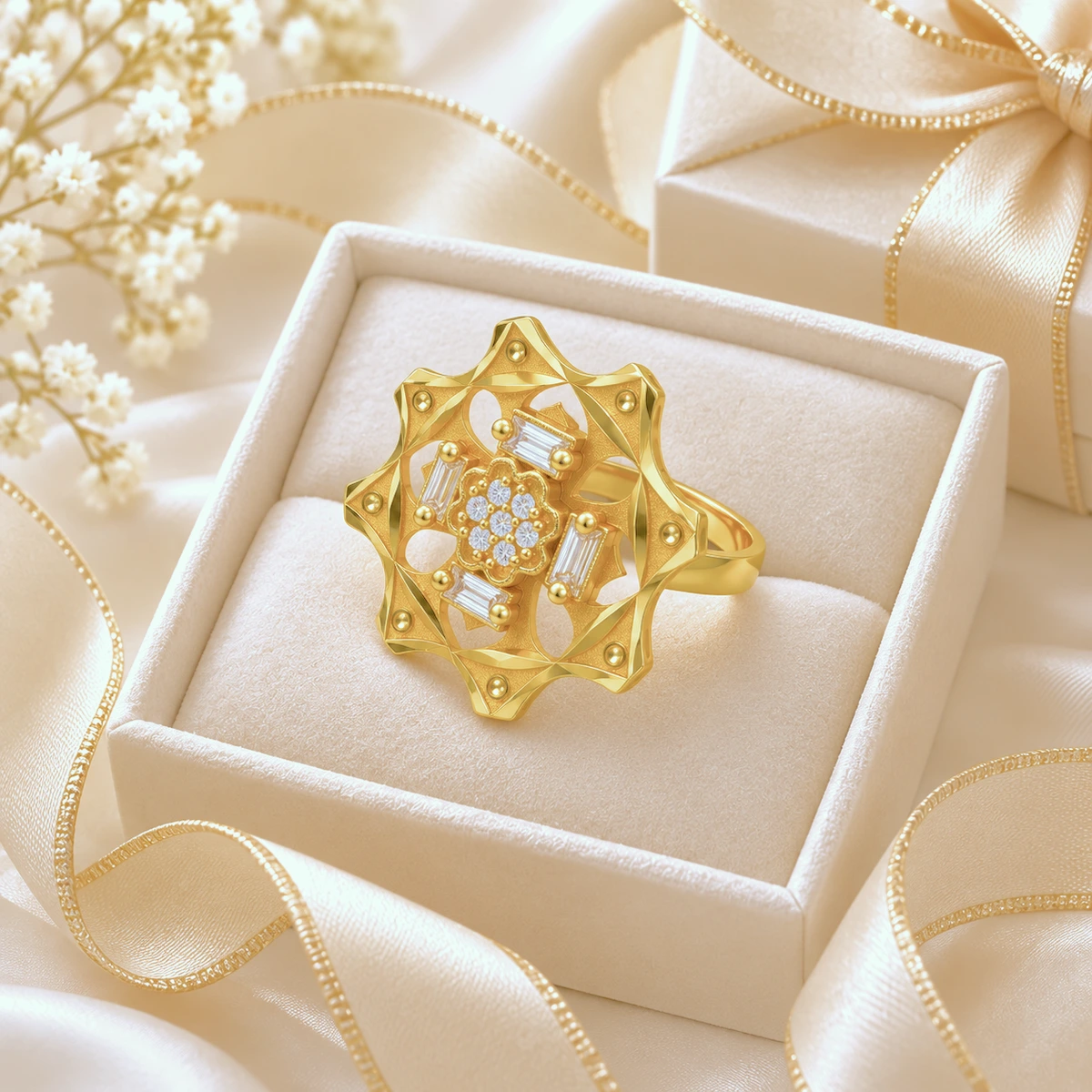 Gold Tone Floral Starburst Statement Ring for Women